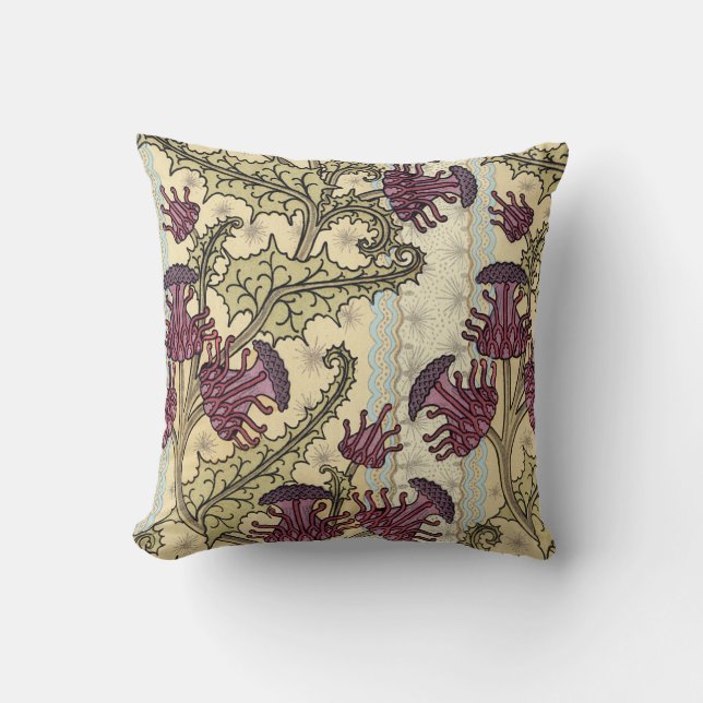 Art Nouveau Plum Green Floral Throw Pillow (Front)
