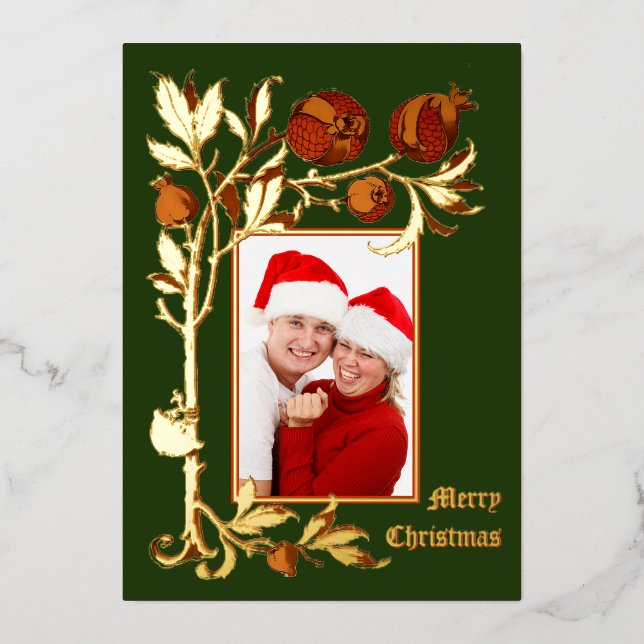 Art Nouveau Pomegranate Photo Christmas Foil Holiday Card (Front)