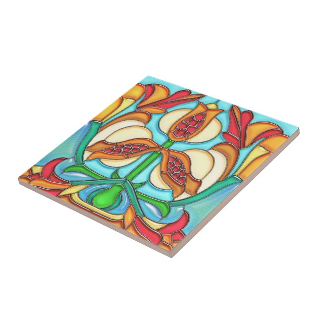 Art Nouveau Pomegranates Stained Glass Tile (Side)