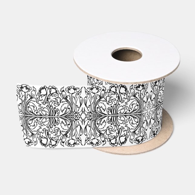 Art nouveau poppy floral black white elegant  satin ribbon (Spool)