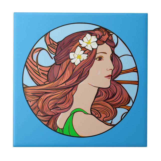 Art Nouveau Portrait of a Woman on Blue  Tile (Front)
