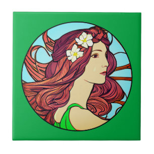 Art Nouveau Portrait of a Woman on Emerald Green Tile