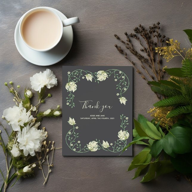 Art Nouveau pretty flowers wedding thank you card (Elegant Art Nouveau botanical frame wedding thank you card)