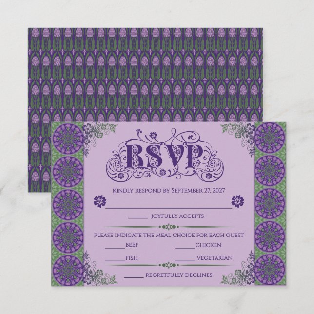 Art Nouveau Purple Thistle Wheel Horizontal RSVP Card (Front/Back)