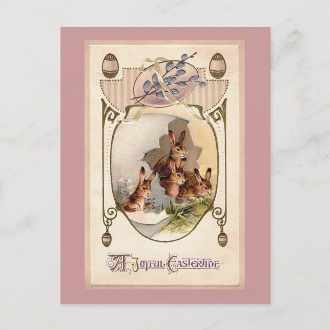 Art Nouveau Rabbits in Giant Easter Egg Holiday Postcard (Front)