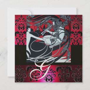 ART NOUVEAU RED BLACK CHAMPAGNE DAMASK MONOGRAM INVITATION