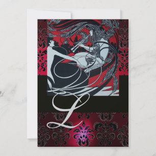 ART NOUVEAU RED BLACK CHAMPAGNE DAMASK MONOGRAM INVITATION