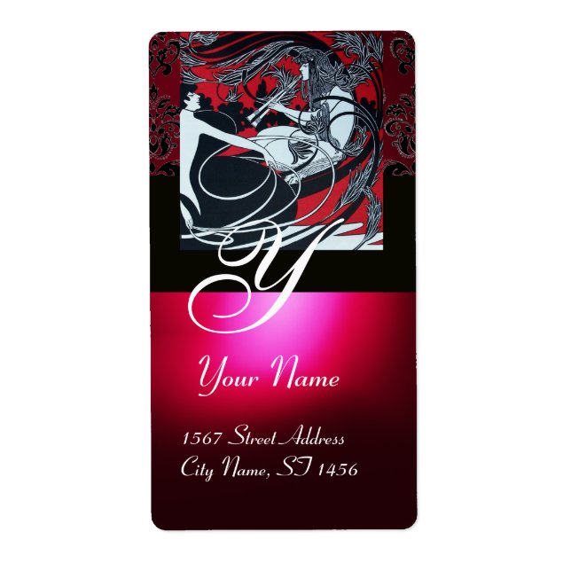 ART NOUVEAU RED BLACK GOLD DAMASK MONOGRAM ,ruby (Front)