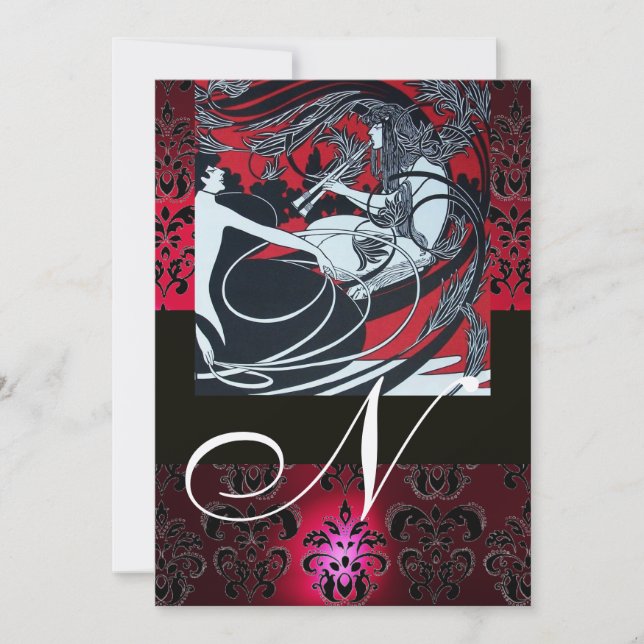 ART NOUVEAU RED BLACK GOLD DAMASK MONOGRAM ,ruby Invitation (Front)