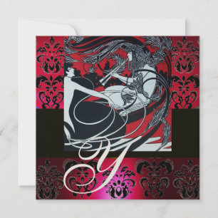 ART NOUVEAU RED BLACK GOLD DAMASK MONOGRAM ,ruby Invitation