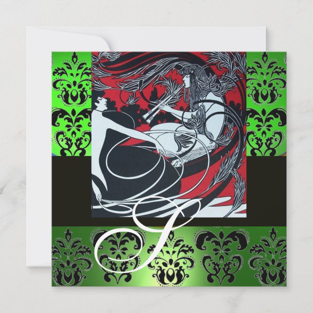 ART NOUVEAU RED BLACK GREEN WHITE DAMASK MONOGRAM INVITATION (Front)