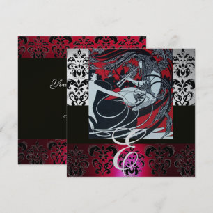 ART NOUVEAU RED BLACK GREY SILVER DAMASK MONOGRAM INVITATION