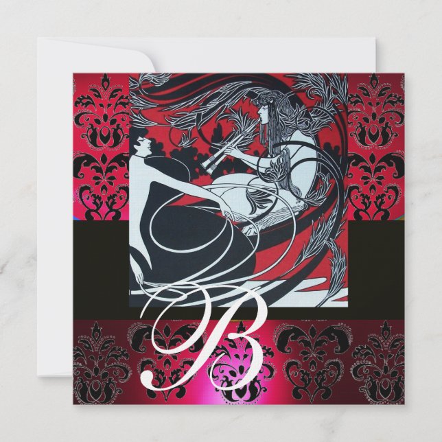 ART NOUVEAU RED BLACK WHITE DAMASK MONOGRAM ,ruby Invitation (Front)