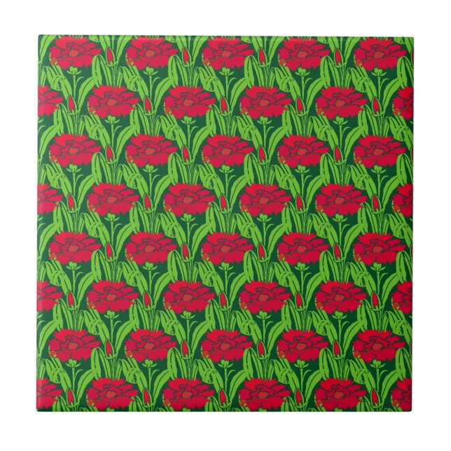 Art Nouveau red Carnations floral damask Tile (Front)