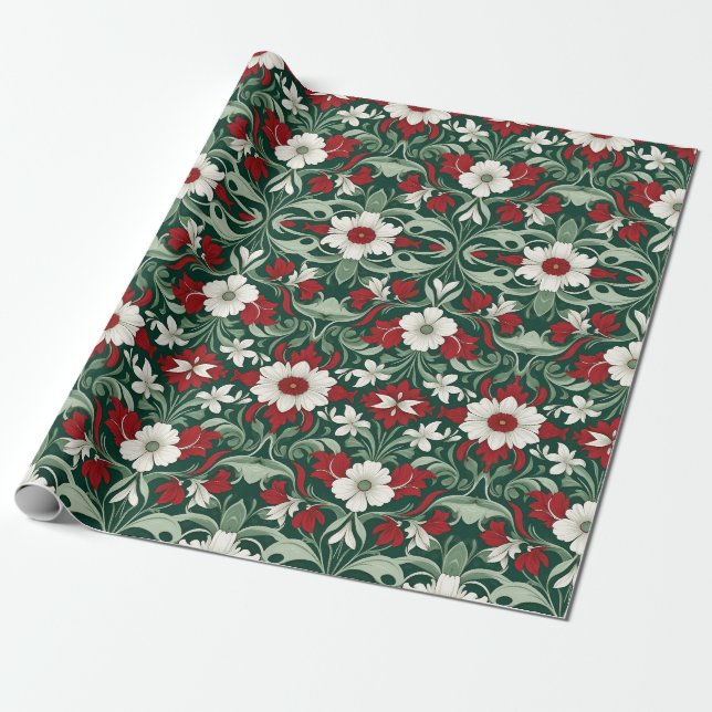 Art Nouveau Red Green White Christmas Wrapping Paper (Unrolled)