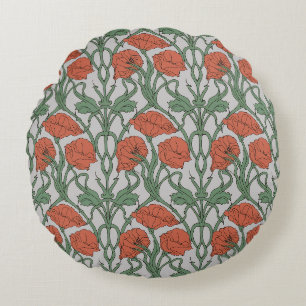Art Nouveau Red Poppy Floral Print Round Pillow