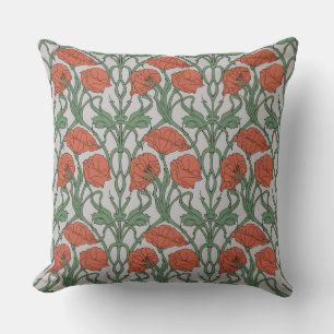 Art Nouveau Red Poppy Floral Print Throw Pillow