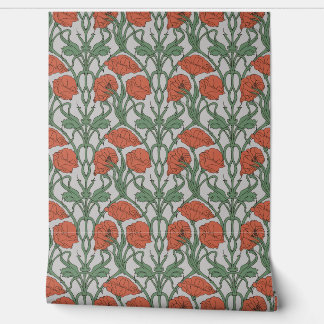 Art Nouveau Red Poppy Floral Print Wallpaper