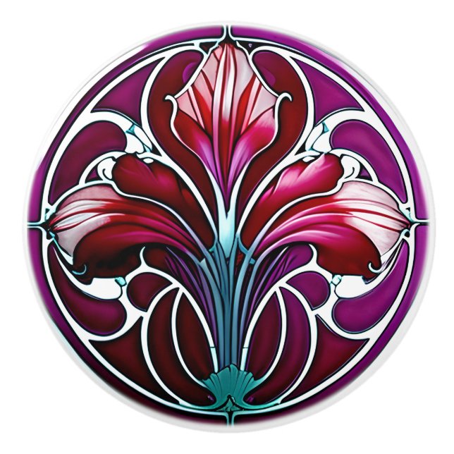 Art Nouveau Red Purple Stylized Lily 2 Ceramic Knob (Front)