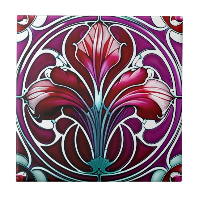 Art Nouveau Red Purple Stylized Lily 2 Tile (Front)