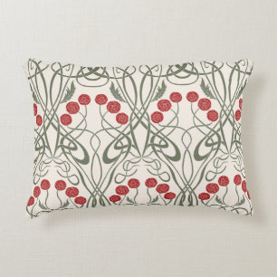 Art Nouveau Red Roses and Sinuous Stems Accent Pillow