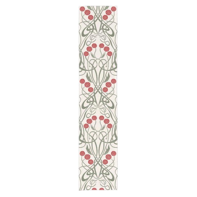 Art Nouveau Red Roses and Sinuous Stems Short Table Runner (Front)