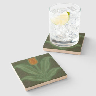 Art Nouveau Reproduction Orange Tulip on Green Stone Coaster