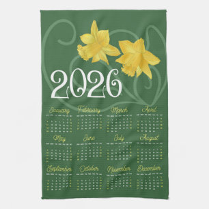 Art Nouveau Retro Floral Daffodil 2026 Calendar Kitchen Towel