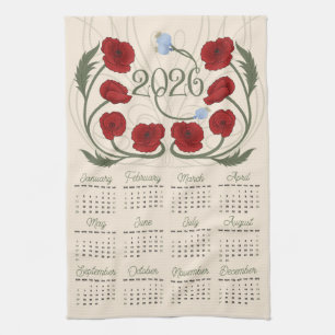 Art Nouveau Retro Floral Red Poppy 2026 Calendar Kitchen Towel