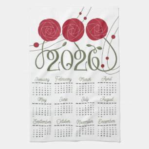 Art Nouveau Retro Floral Red Rose 2026 Calendar Kitchen Towel