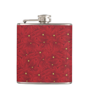 Art Nouveau Retro Red Floral Christmas Poinsettia Hip Flask