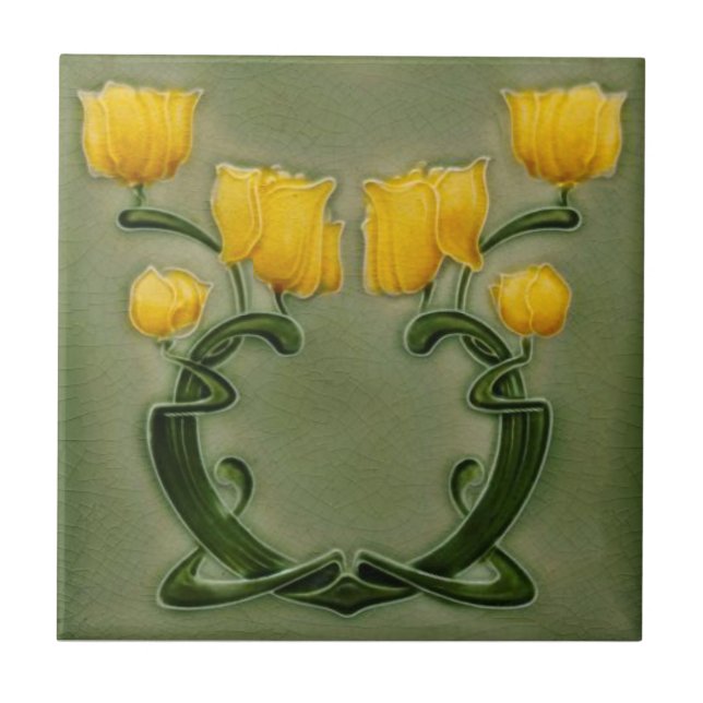 Art Nouveau Richards Yellow Tulips on Green Repro Tile (Front)