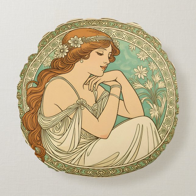Art nouveau romantic illustration white flowers round pillow (Front)