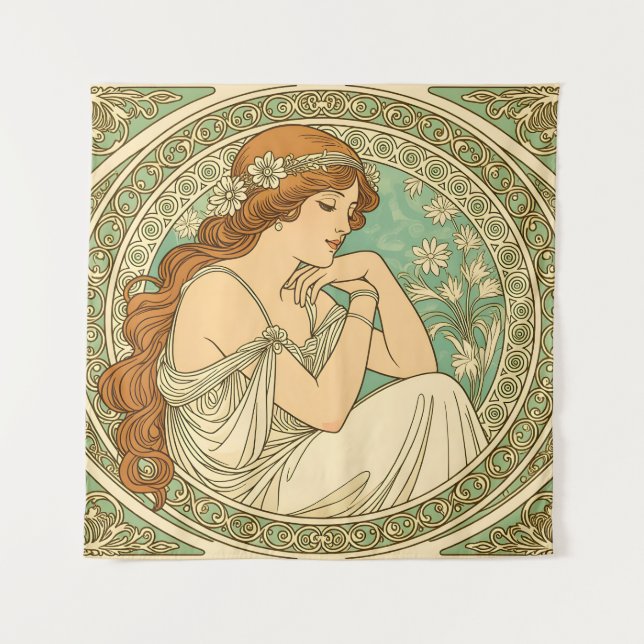 Art nouveau romantic illustration white flowers tapestry (Front)