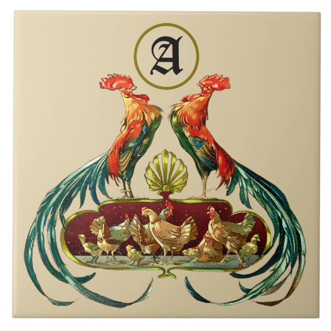 Art Nouveau Roosters Hens & Chicks Chickens Tile (Front)