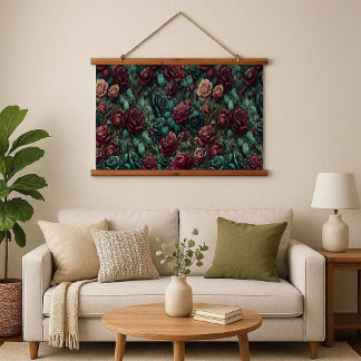 Art Nouveau Rose Teal Gold Wood Frame Tapestry