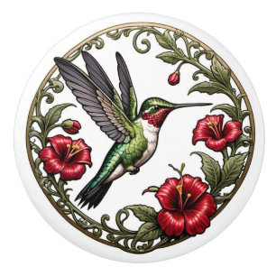 Art Nouveau Ruby-throated Hummingbird Ceramic Knob