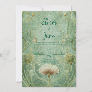 Art Nouveau Seafoam Gold Ginkgo Leaf Wedding Invitation