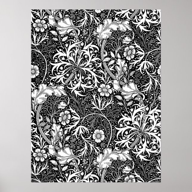 Art Nouveau Seaweed Floral, Black and White Poster (Front)