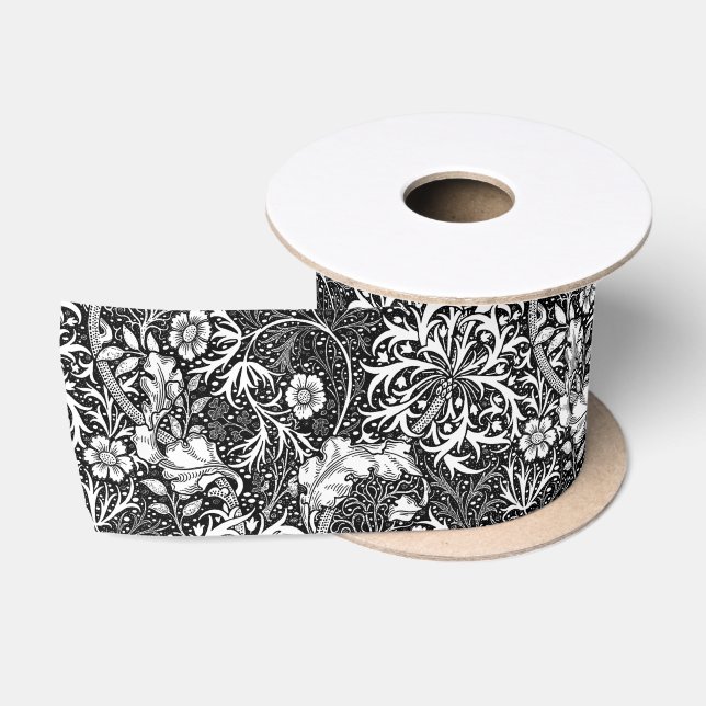 Art Nouveau Seaweed Floral, Black and White Satin Ribbon (Spool)