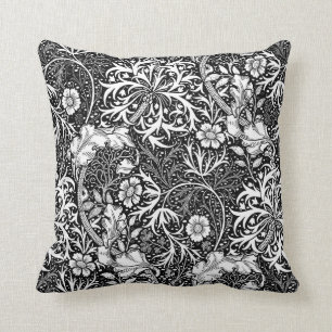 Art Nouveau Seaweed Floral, Black and White Throw Pillow