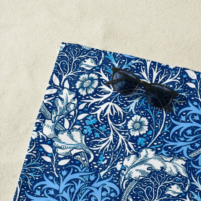 Art Nouveau Seaweed Floral, Cobalt Blue and White Beach Towel (In Situ)