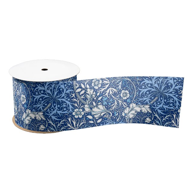 Art Nouveau Seaweed Floral, Cobalt Blue and White Satin Ribbon (Spool)