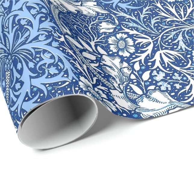 Art Nouveau Seaweed Floral, Cobalt Blue and White Wrapping Paper (Roll Corner)