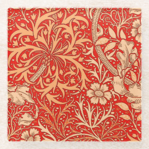 Art Nouveau Seaweed Floral, Deep Coral Orange Glass Coaster