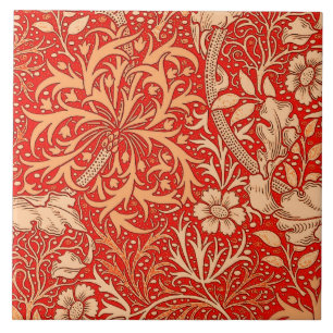Art Nouveau Seaweed Floral, Deep Coral Orange Tile