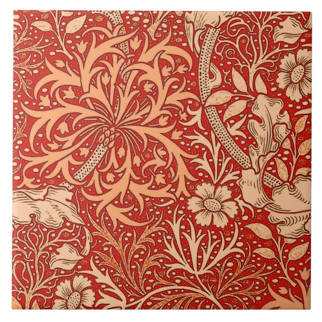 Art Nouveau Seaweed Floral, Deep Coral Orange Tile (Front)