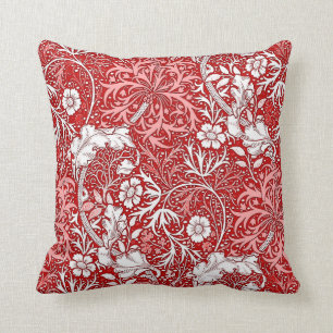 Art Nouveau Seaweed Floral, Deep Red and White Throw Pillow