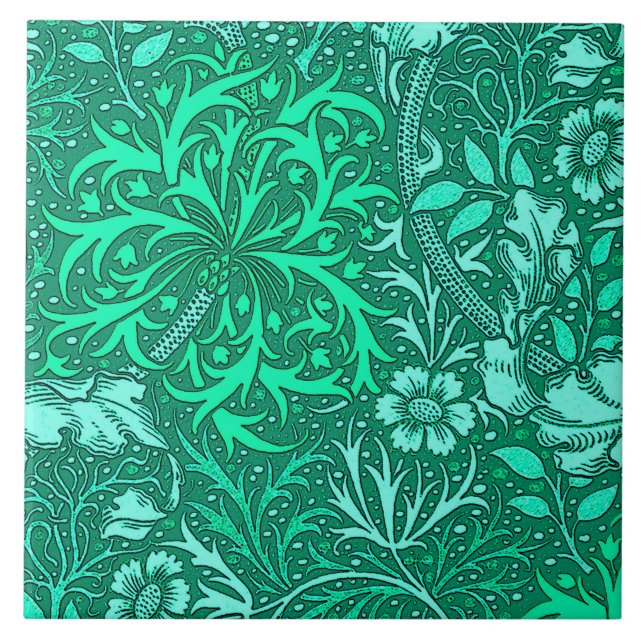 Art Nouveau Seaweed Floral, Turquoise and Aqua Tile (Front)