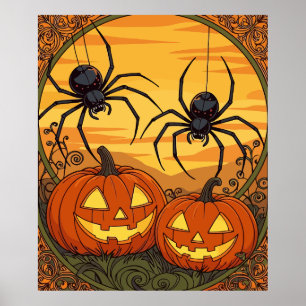 Art Nouveau Spiders in A Jack O Lantern Field Poster